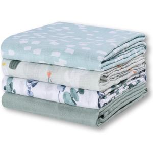 Little Grape Land Muslin Swaddle Blankets 47''x47'' 4 Pack, 100% Cotton Large Size Baby Swaddles for Newborn, Soft Breathable Baby Blankets for Newborns, Green