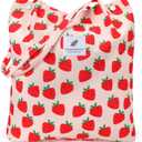 Tote Women Girls, Large Capacity Corduroy Reusable Grocery Shoulder Bag with Inner Pockets (Strawberry)