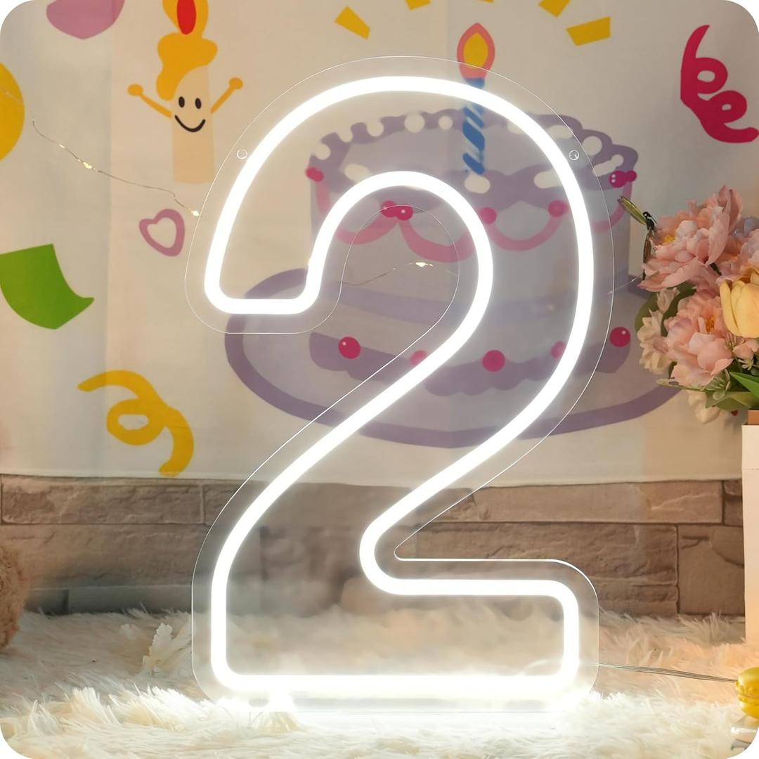 YALLOVE Neon Sign Number 2, Acrylic Light up Number, Large Marquee Number Lights Sign, USB Powered Number Sign for Birthdays Decor, Party Anniversary