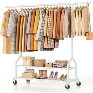 EAGMAK Heavy Duty Clothes Rack Load 556 LBS, Rolling Clothing Rack With Shelves, Height Adjustable Metal Clothes Hanger with Wheels Portable Wardrobe Organizer Garment Rod for Hanging Clothes (White)