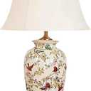 White 27" Flower and Bird Ceramics Table Lamp Chinoiserie Desk Lamp,Fabric Drum Shade,Gold Base, Tall Table Lamp Decor for Living Room Bedroom Bedside Office College Bookcase