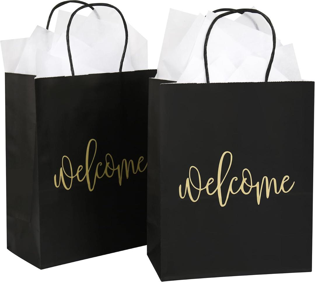 DjinnGlory 50 Pack Medium Black Welcome Paper Gift Bags with Handles and 50-Sheet White Tissue Paper for Wedding Hotel Guests Engagement Bridal Shower Birthday Party Favors (10''x8''x4'')