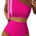 Herseas Womens Hot Pink Bikini Sets Two Piece One Shoulder Tie Bow Swimsuit Modest Ruched Wireless Bathing Suit Large