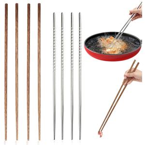 4 Pcs Long Cooking Chopsticks Reusable 15.3 Inch Non-slip Threaded Stainless Steel Chopsticks and 16.5 Inch Natural Wooden Extra Long Chopstick for Hot Pot, Frying, Noodle, Cooking Favor