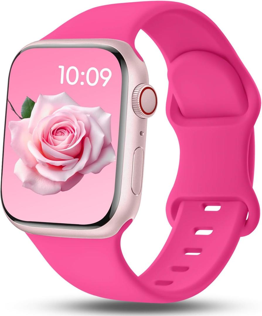 4 x Patented Sport Silicone Band Compatible with Apple Watch Bands 40mm 38mm 41mm 42mm 44mm 45mm 46mm 49mm Women Men, Soft Waterproof Sport Strap for iWatch Bands Series 11 10 9 8 7 6 5 4 3 2 1 SE Ultra (Hot Pink)