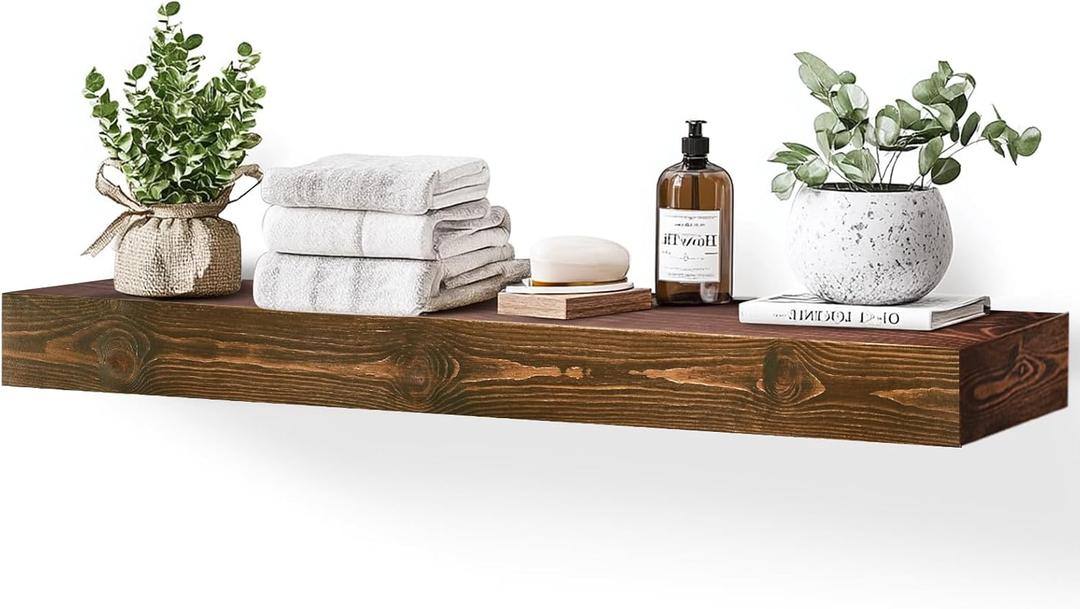 48x3x7in Solid Wood Floating Shelf Brown Rustic Wall Mounted Fireplace Mantel Shelf Heavy Duty Decorative Fireplace Mantel for Living Room, Kitchen, Bathroom, Bedroom, 48x3x7-hollow