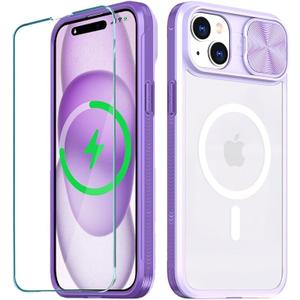 Clear Case Compatible with iPhone 15 MagSafe Sliding Camera Lens Cover with 1 Screen Protector, [Strong Magnets][Anti Yellow] Anti Scratch Acrylic Back Soft Frame iPhone 15 Case 6.1"(Purple)