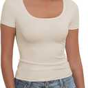 Roselux Womens Scoop Neck Short Sleeve T Shirt Slim Fitted Shirts Tight Basic Summer Going Out Tops Tee (Small, Beige)