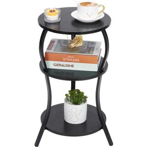 Vintage Small Round Side Table, 3-Tier Slim Waist Circular End Table with Storage Shelf, Compact Tea Sofa Side Table, Round Corner Coffee Table Nightstand for Living Room Bedroom Small Spaces,Black