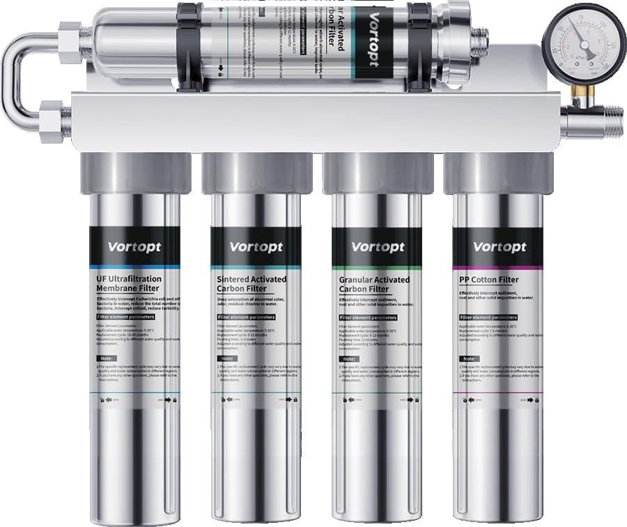Vortopt Under Sink Water Filtration System-NSF&CEC Certified,Stainless Steel Water Filter, Real-time Pressure Gauge,0.01m Kitchen Undersink Water Filtration,Retain Beneficial Minerals,U1(5 Filters)