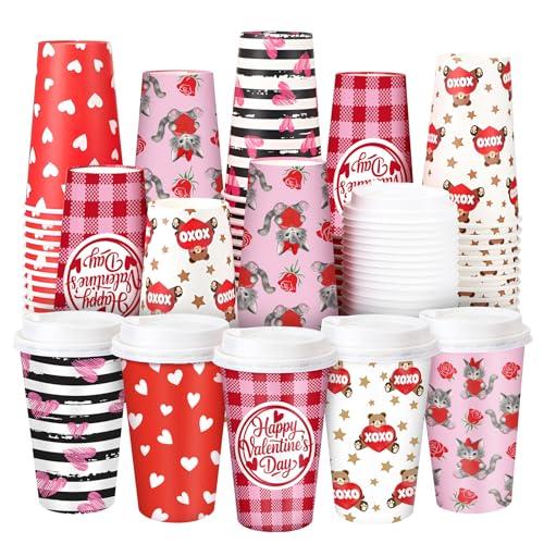 Ovveroche 100 Pack Valentine's Day Disposable Cups 16 oz Pink Red Hearts Bear Stripe Coffee Cups Wedding Anniversary Party Supplies for Hot Chocolate Cocoa Tea Coffee Bar Accessories