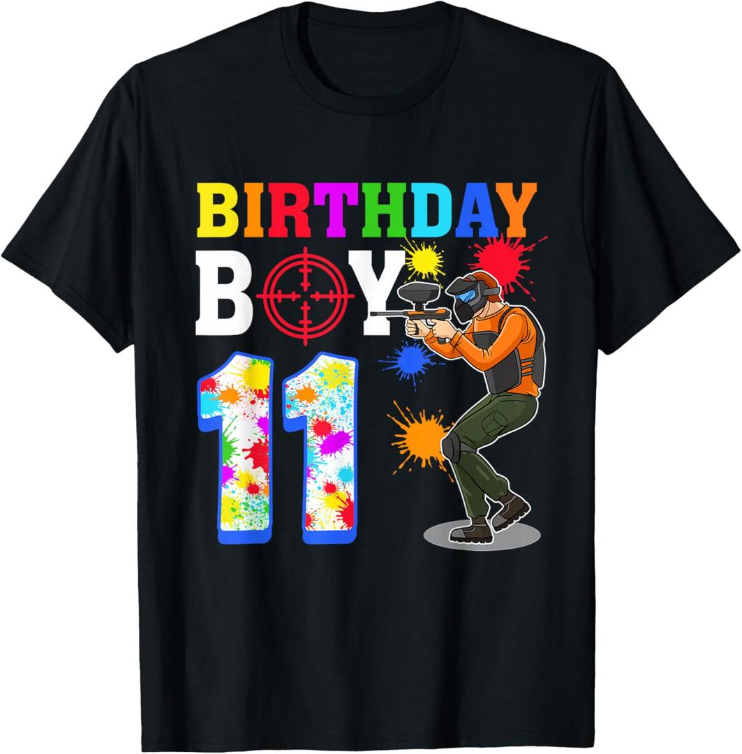 11 Year Old Paintball Boy 11th Birthday Party T-Shirt, Black, S