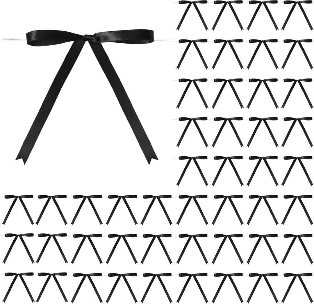 Riceshoot 100 Pcs Twist Tie Bows Bulk 5x7 Inch Satin Ribbon Bows for Gift Wrapping Cake Treat Bags Craft DIY Valentine's Day Wedding Baby Shower Birthday Party(Black)