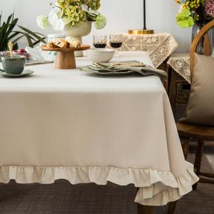 GLORY SEASON Waffle Weave Textured Rectangle/Oblong Tablecloth with Cotton Retro Ruffle Trim Solid Table Cover for Buffet Banquet Parties Event Holiday Kitchen Dining Farmhouse Decor Beige 55x84 in