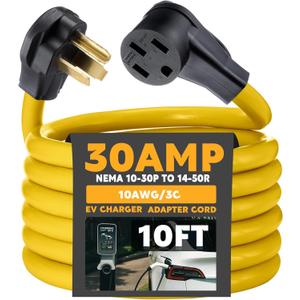 Tellegloww 10 ft NEMA 10-30P to 14-50R EV Charger Cord 3 Prong Old Dryer Outlet to Level 2 EV Charger Extension Cord with Handle (Only for 3 Prong L-Shaped Old Dryer NEMA 10-30R Outlet) ETL Listed
