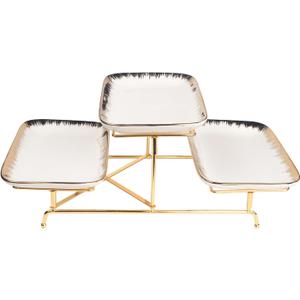 Three-Tier Ceramic Plate Rack - A Foldable Gold-Rimmed Plate Rack with Three 10.6-inch Gold-Rimmed Plates for displaying Food, Fruit, Desserts, and Serving Guests