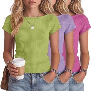 Oakgarden 3 Pack Girls Tops Short Cap Sleeve Boat Neck Kids Slim Fit Shirts Ribbed Teen Basic Casual Solid Trendy Tees Summer(Lemon Green, Purple, Rose Red,7-8 Years)