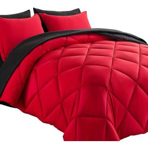 Cosybay Bed in a Bag King Reversible Comforter Sets 7pcs All Season Down Alternative Bedding Sets Red and Black with Comforter, Pillow Shams, Flat Sheet, Fitted Sheet and Pillowcase