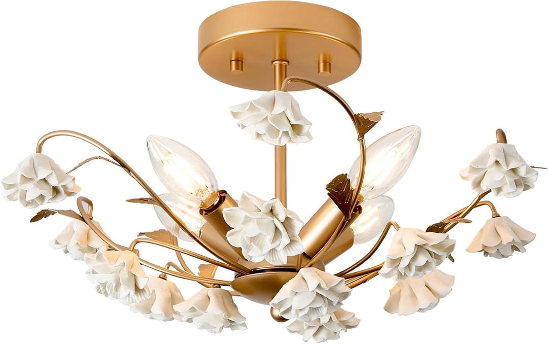 Flush Mount Ceiling Light Fixture, Vintage Ceramic Flowers Ceiling Light Fixture, Gold Ceiling Lighting, Hallway Lighting Fixtures Ceiling C2801-4