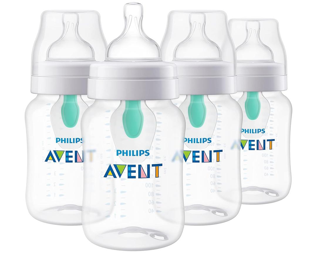 Philips Avent Anti-Colic Baby Bottle with AirFree Vent, Medium Flow, 9 oz | For Ages 1 Month+, Reduces Colic, Gas & Reflux, Flow 2 Nipple with Secure Latch System, BPA-Free, 4-Pack, Clear