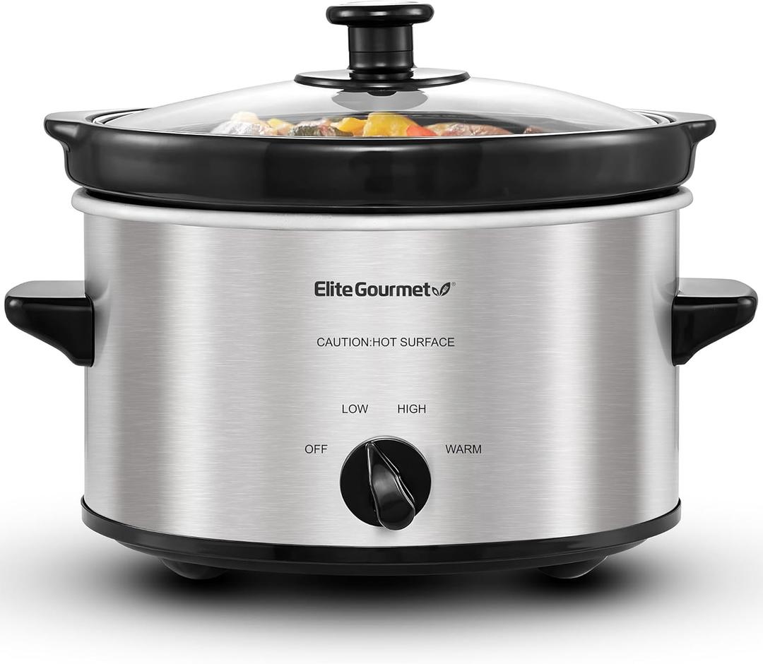 Elite Gourmet MST-275XS Electric Oval Slow Cooker, Adjustable Temp, Entrees, Sauces, Stews & Dips, Dishwasher Safe Glass Lid & Crock (2 Quart, Stainless Steel)