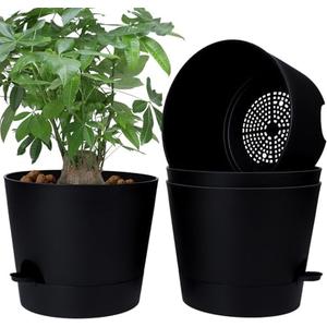 YNNICO 12 Inches Indoor Self Watering Planters with Drainage Holes and Saucers, 4 Pack (Black)