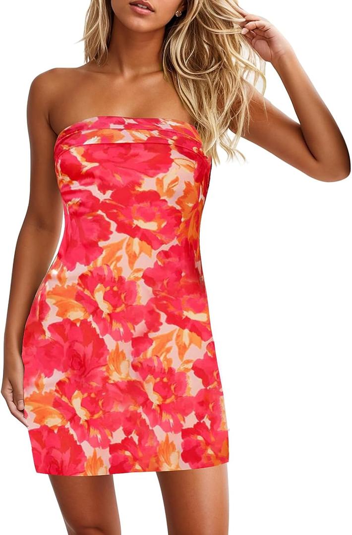 Women's Sexy Tube Dress Summer Y2K Floral Print Strapless Bodycon Mini Dress Date Night Party Club Bandeau Short Dresses (Open Back-red), S
