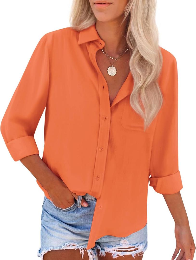 siliteelon Button Down Shirts for Women Dress Shirts Long Sleeve Wrinkle Free Work Office Fitted Blouse Tops with Pocket (XX-Large, Orange)