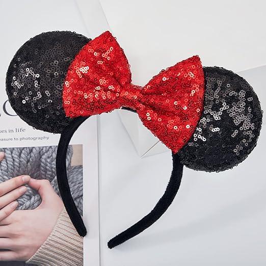 YUNISS 2 PCS Mouse Ears, Shiny Red Sequin Bow Mouse Ears Headbands for Adult Women Girls Christmas Birthday Party (Red&dot bow) 1 pc