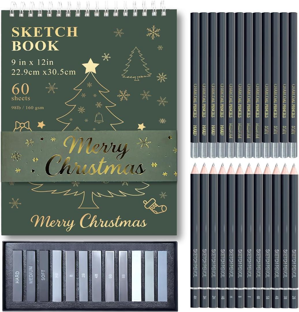 Fuxi Sketch Pad and Pencil Set | Stocking Stuffers, Art Supplies for Adults | Gifts for Artists, Teen & Beginners | Complete Drawing Set with Sketch Book, Sketch Pencils, Charcoal & Graphite Sticks.