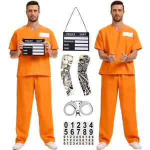 Prisoner Costume Men Orange Prisoner Jumpsuit for Halloween Costume Prison Inmate Outfit Jail Uniform (XX-Large, Short Sleeve)