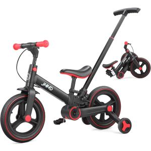 JMMD Toddler Bike with Push Handle for Kids 18-60 Months, 6 in 1 Foldable Push Bike with Training Wheels, Pedals, Brakes, Kickstand, Kid Balance Bike Gift & Toys for Boy & Girl (Large, Black)