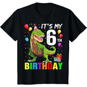 Kids It's My 6th Birthday Happy 6 Year T-Rex Boys T-Shirt, Small