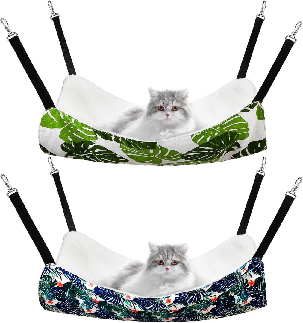 Jetec 2 Pack Cat Hammock for Cage, Catio Accessories Reversible Soft Cats Bed with Adjustable Straps and Hooks Double-Sided Linen and Fleece Hanging Hammock for Cats, Kitten(Monstera Leaf, L)