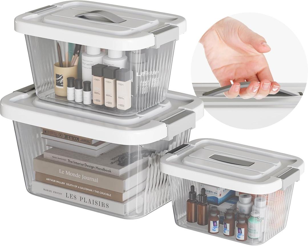 Stackable Plastic Storage Bins with Lids, 3 Pack (6, 10, 17 Quart) BPA-Free Containers, Top Handle and Safty Locks for Moving, Dorm, Garage, Closet - Clear