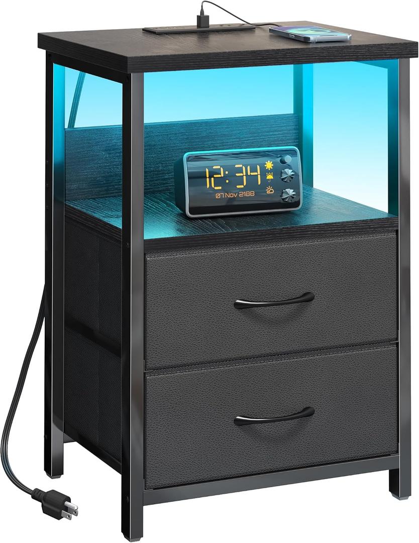 Fixwal Night Stand with Charging Station, LED Nightstand with U-S-B Ports and Outlets for Small Spaces, 2 Fabric Storage Drawers, Bedside Table End Tables Bedroom, Modern Black