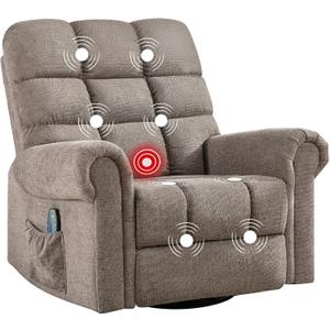 Phoenix Home Oversized Rocker Recliner Chair with Massage and Heat, Overstuffed Manual Swivel Recliner for Adults with 2 Side Pockets for Living Room, Bedroom, Brown