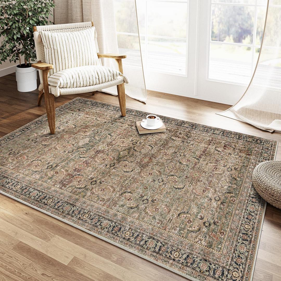 WondRg 4x6 Washable Area Rug Brown Vintage Distressed Entryway Kitchen Non Slip Low Pile Throw Rug Living Room Bedroom Indoor Doormat Soft Carpet for Entrance Dining Room Office Bathroom