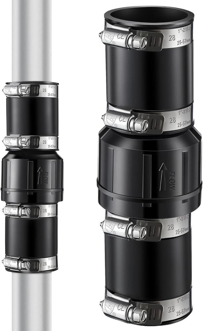 Threlaco 1 Pack Sump Pump Check Valve Fit 1-1/2 inch and 1-1/4 inch Pipe, Check Valve with 4 Pcs Stainless Steel Hose Clamps for Sump Pump Life Expectancy Increase