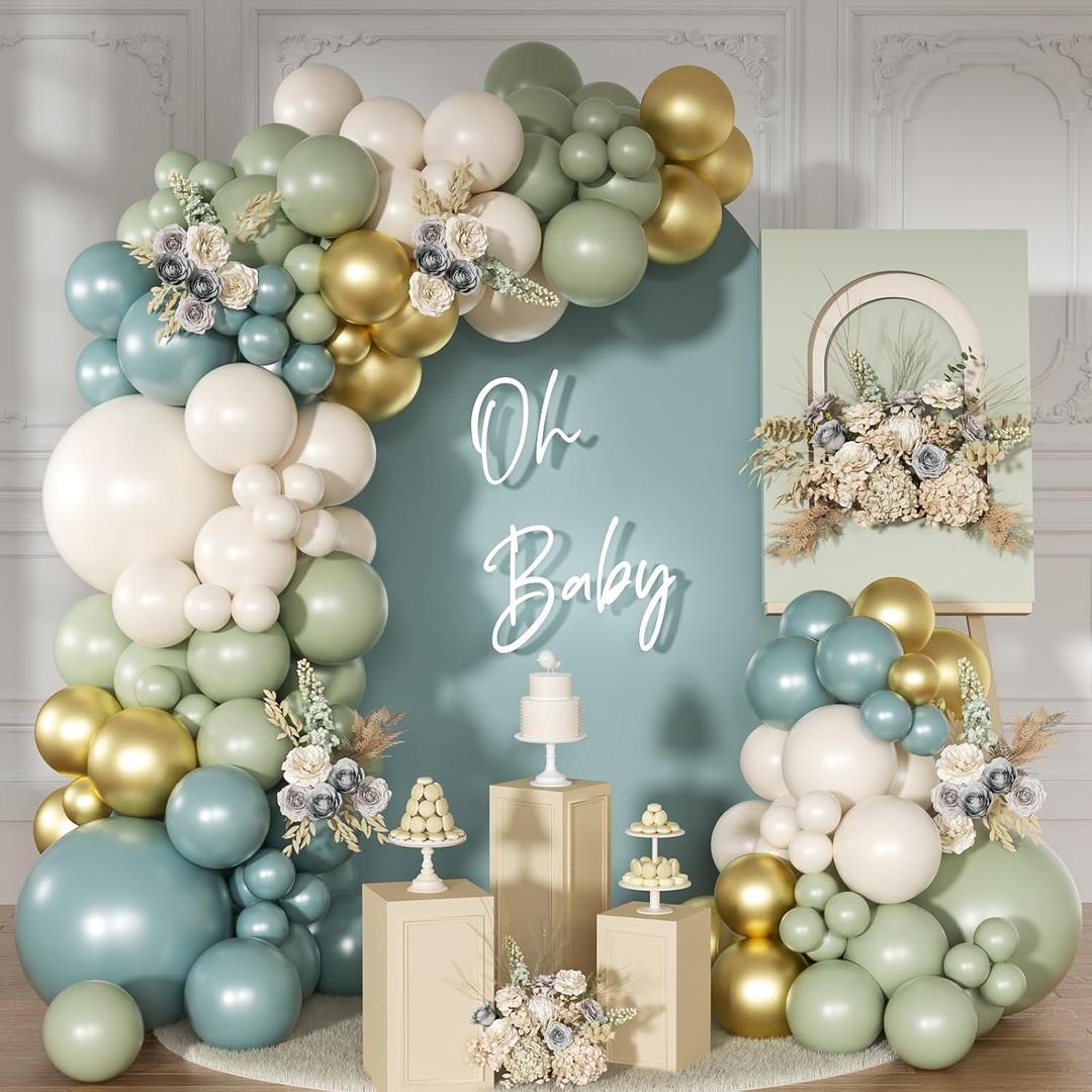 Dusty Blue, White and Gold Balloons
