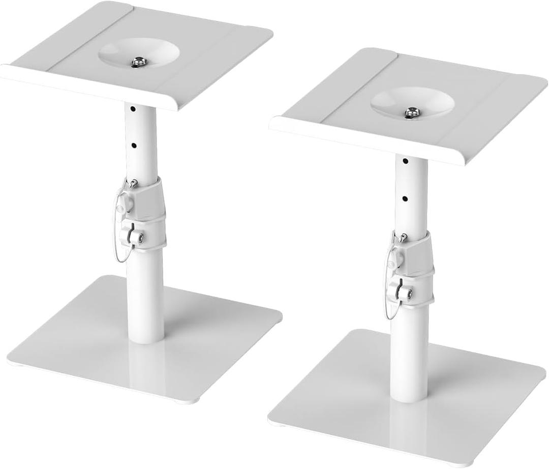Suptek Free-Standing Speaker Stand Desktop Set, 9.6 x 8.8 inch Trays, Height Adjustment and Tilt, Universal Audio Holders for Computer and Bookshelf Speakers, Elevated Sound, 2 Pack, White, SDM001TW