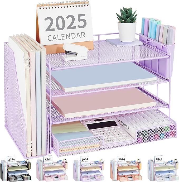 OPNICE Desk Organizer, 4Tier Desktop File Organizer with Drawer and 2 Pen Holders, Office Desk Accessories, File Sorters, Workspace Organizers for Office Supplies(Purple)