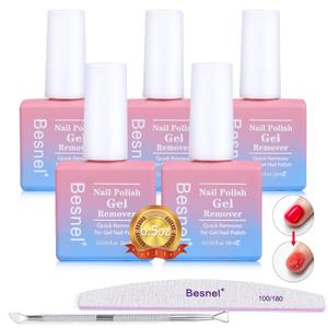 Gel Nail Polish Remover 5 Pack Professional Gel Polish Remover Non-Irritating Quick Easy,Nail Polish Gel Remover Tools Kit Nail File Cuticle Pusher Nail File Grit, No Need For Foil Soaking Or Wrapping (7 Piece Set)