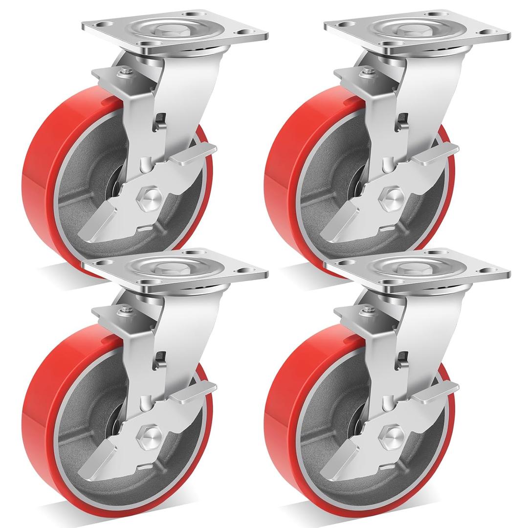 W B D WEIBIDA Heavy Duty Casters Set of 4, 6 Inch Industrial Locking Caster Wheels with 4800 LBS, No Noise Polyurethane Wheel on Steel Hub Swivel Plate Caster for Tool Cart, Workbench(4 Brake)