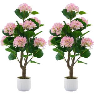Artificial Hydrangea Tree 2 Pack, 3FT Faux Hydrangea Plant in Pot with Pink Flowers, Greenery Potted Plant for Indoor Outdoor Office Home Porch Decor, Pink