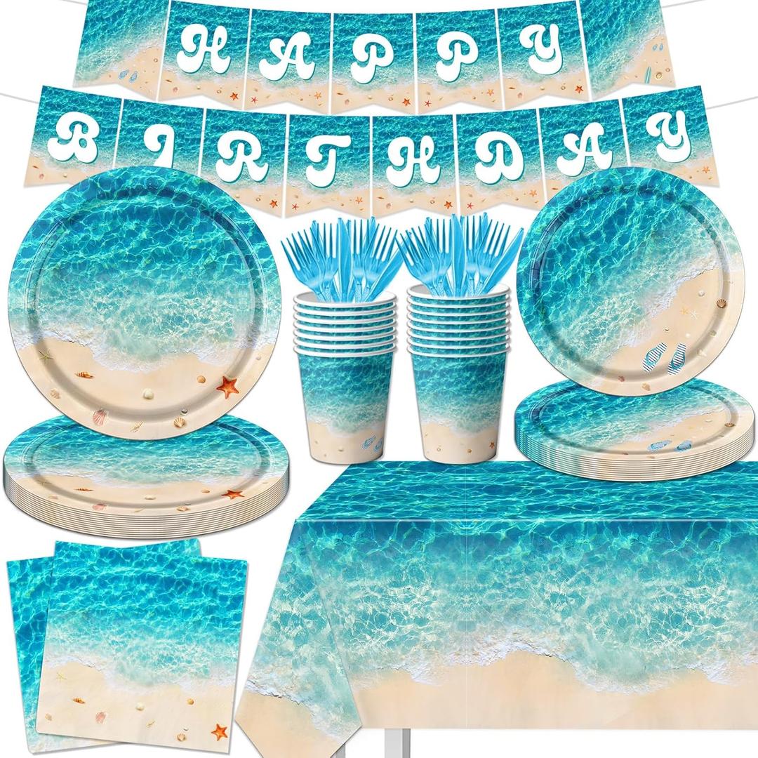 Beach Party Supplies, 142Pcs Ocean Waves Birthday Party Supplies Tableware Set Summer Pool Party Decorations Plates,Cups,Napkins,Banner,Tablecloth for Hawaiian Party Birthday Decorations