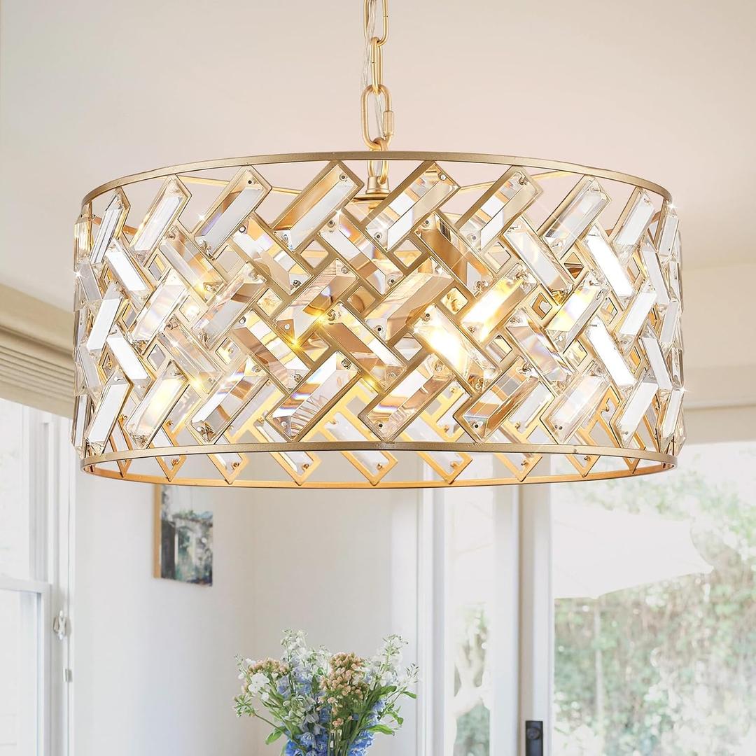 Gold Crystal Chandelier Modern 18" Round Semi Flush Mount Ceiling Light for Dining Living Room Bedroom & Foyer - Large Round Pendant Fixture