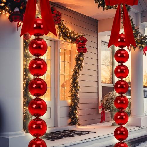 Silipull 2 Sets Lighted Christmas Porch Decor, Giant Ball Garlands 6 ft with 18 Pcs 6" Large Xmas Ball 2 Pcs 20" Large Bows for New Year Party Decor Front Door Outdoor Indoor Tree Banister(Red)