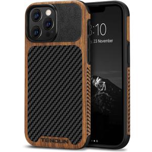 TENDLIN Compatible with iPhone 13 Pro Case Wood Grain with Carbon Fiber Texture Design Leather Hybrid Case Compatible for iPhone 13 Pro 6.1-inch Released in 2021 Black