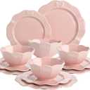 Paris Hilton 11 Piece Dinnerware Set, Embossed Bow Design, Iconic Ceramic Stoneware Service for 4 with Dinner Plates, Salad Plates, and Bowls, Microwave & Dishwasher Safe, Pink